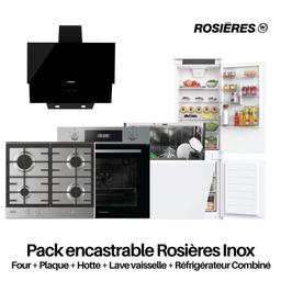 Rosières Inox: Four + Plaque + Hotte + Lave vaisselle + Réfrigérateur Combiné