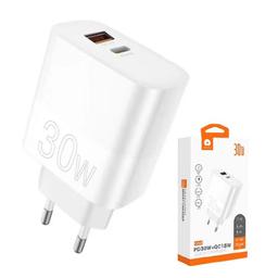 WUW C208 Chargeur Mural Ultra Rapide 30W USB-C + USB QC3.0 18W